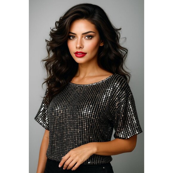 New Trends Vintage Sequin Blouse Medium Black Silver Beaded Glam Party Chic Top - Picture 1 of 14